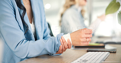Buy stock photo Hands, business and woman in office, wrist pain and inflammation with keyboard. Closeup, person and employee in workplace, bruise and carpal tunnel syndrome with sprain, muscle tension and arthritis
