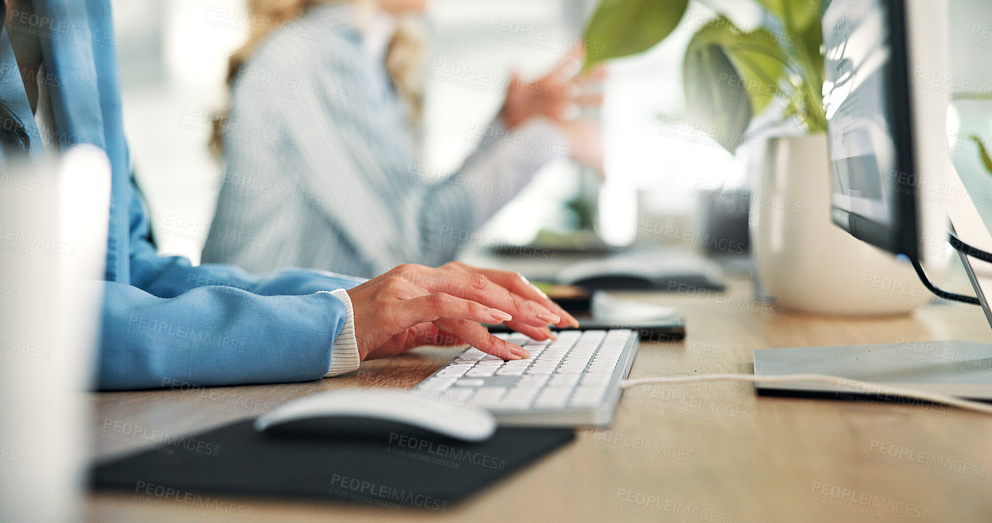 Buy stock photo Computer, business woman and hands typing email for sales report, finance and review. Keyboard, desk and worker writing online for budget, schedule and research information for project in office