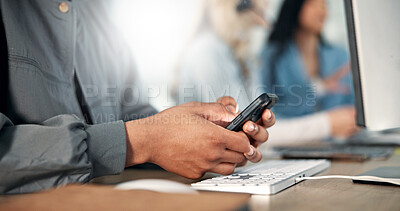 Buy stock photo Hands, business and person in office, cellphone and internet with communication. Closeup, people or agent in workplace, social media or smartphone with connection, text or message to contact or email