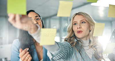 Buy stock photo Team, glass and business people brainstorming on sticky notes with project ideas, schedule and agenda. Collaboration, problem solving and coworkers with discussion in planning meeting in workplace