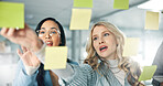 Team, glass and business women with sticky notes for brainstorming project ideas, schedule and agenda. Collaboration, problem solving and female people with discussion in planning meeting in office