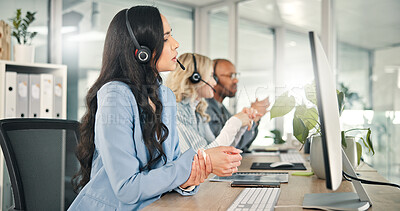 Buy stock photo Call center, woman and computer with wrist pain in office, muscle tension and ache for carpal tunnel. Coworking, consultant and telemarketing with joint injury for arthritis, osteoporosis and hands