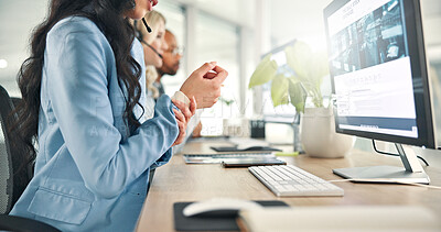 Buy stock photo Call center, woman and hands with wrist pain for computer, muscle tension or suffering carpal tunnel. Office, female consultant and telemarketing with joint injury for arthritis, osteoporosis or ache