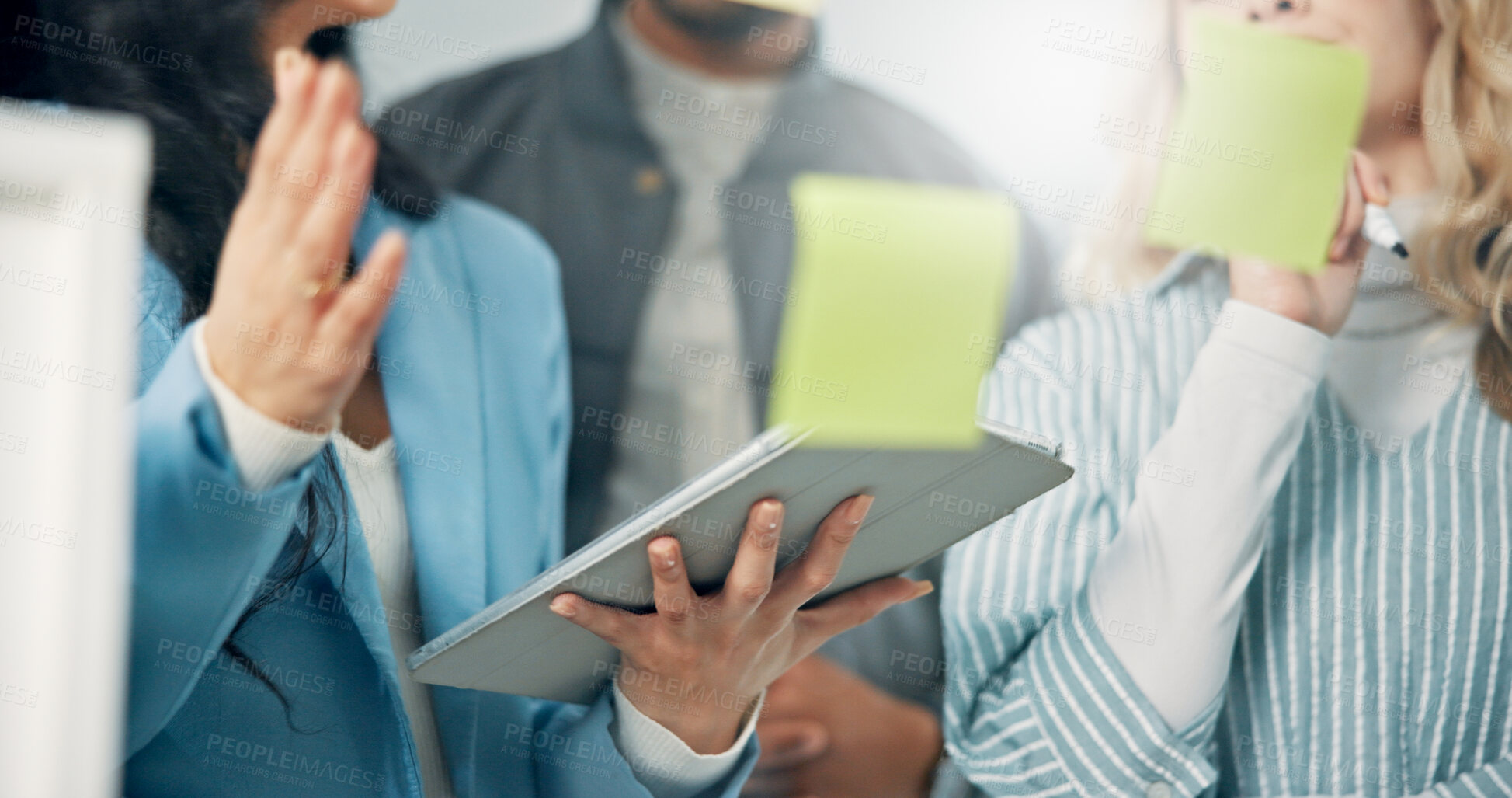 Buy stock photo Hands, tablet and business woman with team for brainstorming, brand strategist and market research. Collaboration, problem solving and digital info, sticky notes on glass and social media project
