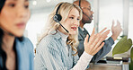 Advice, communication and contact us with woman in call center for assistance or consulting. Business, customer service and support with happy employee in telecom workplace as virtual assistant