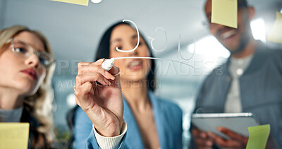 Buy stock photo Brainstorming, writing on glass and business people in office for meeting, planning and strategy. Marketing, company and workers with ideas, notes and tablet for research, ugc project and discussion