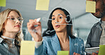 Business woman, writing and glass with team for brainstorming, sticky note and discussion in meeting. Collaboration, problem solving and social media project plan with idea mind map and tablet