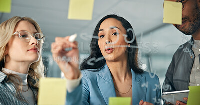 Buy stock photo Business woman, writing and glass with team for brainstorming, sticky note and discussion in meeting. Collaboration, problem solving and social media project plan with idea mind map and tablet