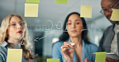 Buy stock photo Thinking, writing on glass and business people in office for meeting, planning and strategy. Marketing, company and workers with ideas, sticky notes and tablet for research, SEO project or discussion