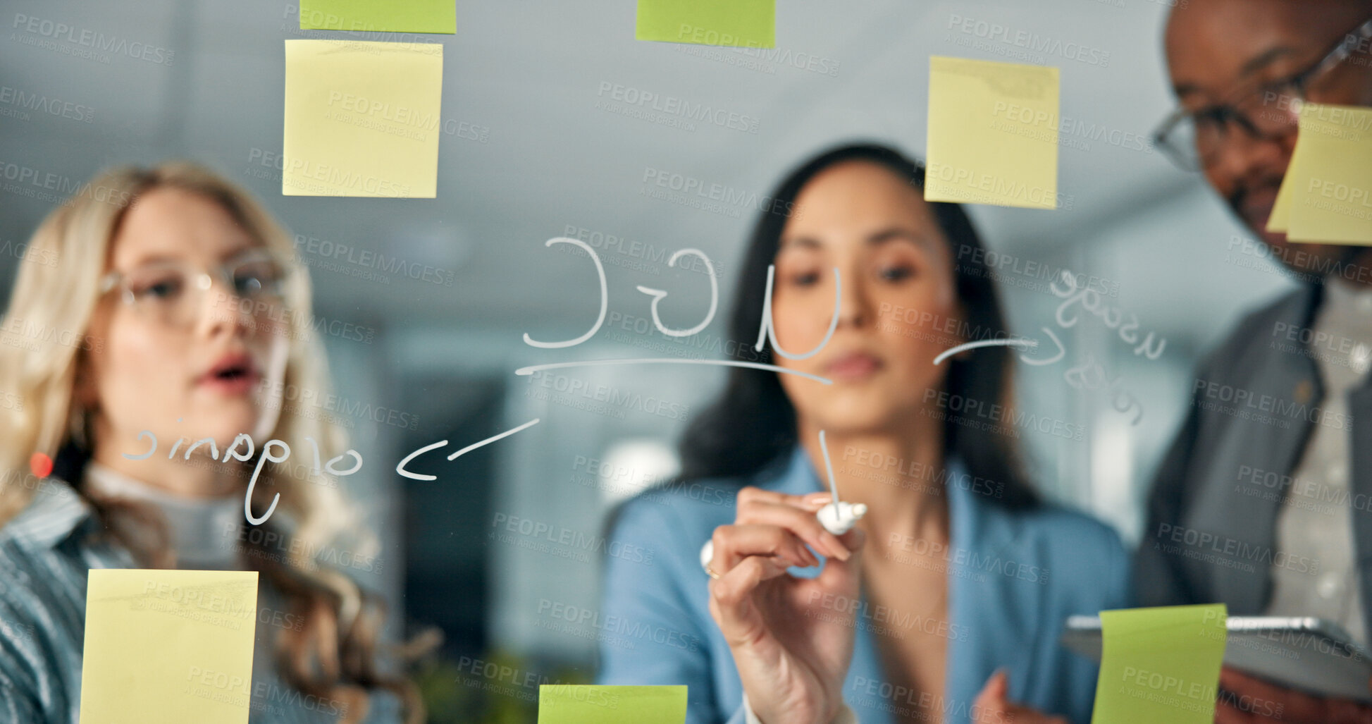 Buy stock photo Thinking, writing on glass and business people in office for meeting, planning and strategy. Marketing, company and workers with ideas, sticky notes and tablet for research, SEO project or discussion