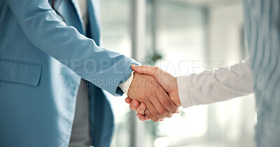 Buy stock photo Business, people and hands with handshake in office for investor onboarding, partnership deal and recruitment. Closeup, employee and stakeholder agreement in meeting for b2b collaboration or contract