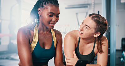 Buy stock photo Fitness, talking and girl friends in gym for morning workout with wellness, health and training. Happy, conversation and women athletes with exercise plan together for weight loss in sports center.
