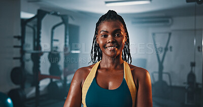 Buy stock photo Portrait, fitness and black woman in gym for workout, muscle and strength training for body health. Smile, wellness and person at exercise club with bodybuilder, confidence and sports in Nigeria