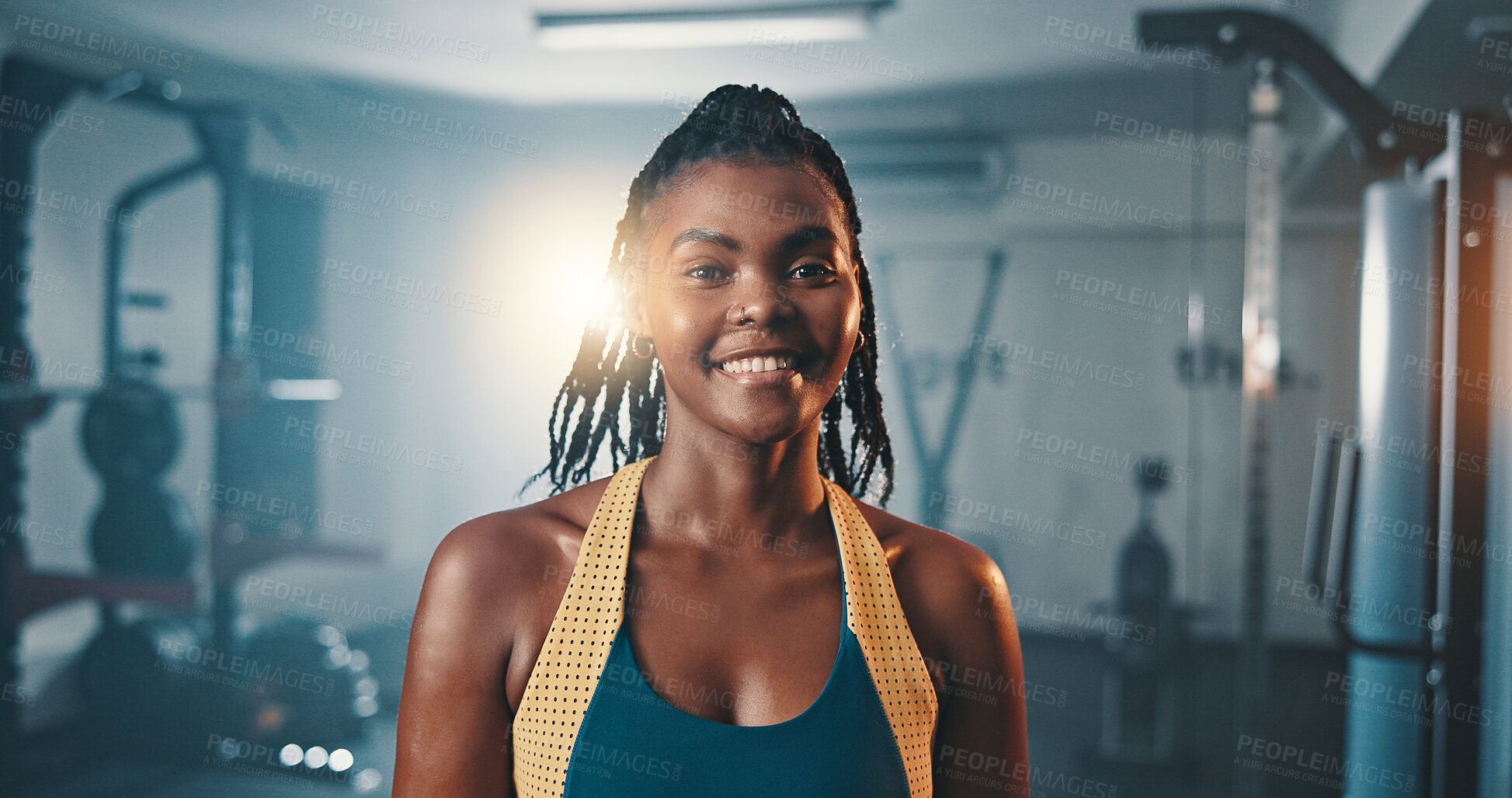 Buy stock photo Portrait, fitness and black woman in gym for exercise, muscle and strength training for body health. Smile, wellness and person at workout club with bodybuilder, confidence and sports in Nigeria