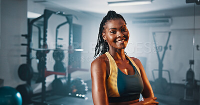 Buy stock photo Portrait, fitness and happy black woman in gym for exercise, muscle or strength training for health. Smile, wellness and person at workout club with bodybuilder, confidence or arms crossed with pride