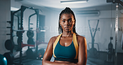 Buy stock photo Portrait, fitness and confident black woman in gym for exercise, muscle or strength training for health. Determination, wellness and person at workout club with bodybuilder, serious or arms crossed