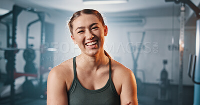 Buy stock photo Portrait, fitness and happy woman in gym for exercise, muscle or strength training for health. Smile, wellness and person at workout club with bodybuilder, confidence and laughing for sports in UK