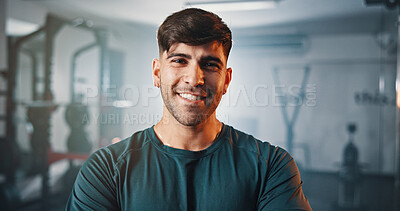 Buy stock photo Portrait, exercise and happy man in club for training, muscle and strength for health. Smile, wellness and person at gym to workout with bodybuilder, sports or pride with confident fitness instructor
