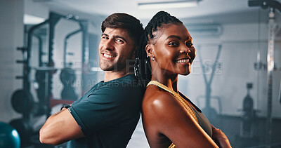 Buy stock photo Fitness, man and woman in gym portrait with smile, support and team workout together. Friends, athlete and happy personal trainer at sports club for exercise, body building and partnership in class