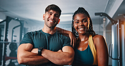 Buy stock photo Confidence, man and woman in gym portrait with smile, support and team workout together. Friends, athlete and happy personal trainer at sports club for exercise, bodybuilding fitness and arms crossed