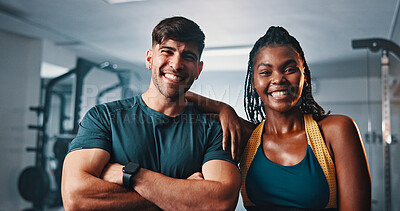 Buy stock photo Smile, man and woman in gym portrait with confidence, support and team workout together. Friends, athlete and happy personal trainer at sports club for exercise, bodybuilding fitness and arms crossed