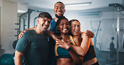 Buy stock photo Fitness. portrait and group of friends in gym with smile, support and team workout together. Men, women and happy personal trainer at sports club for exercise, body building and diversity in class