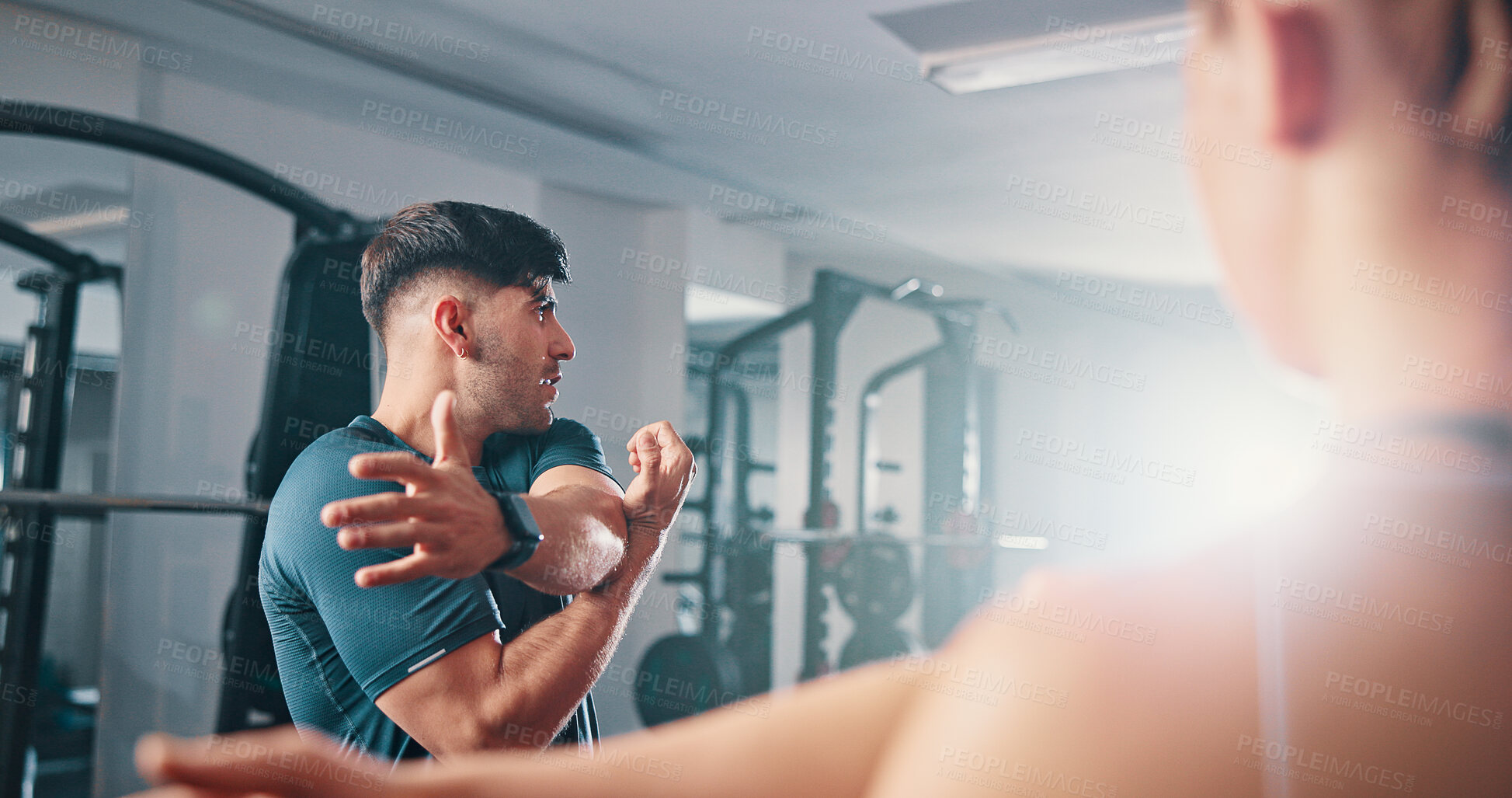 Buy stock photo Fitness, exercise and stretching with personal trainer, class and gym for training or workout routine. Coaching, goals and warm up with sports people group in health club together for muscle target