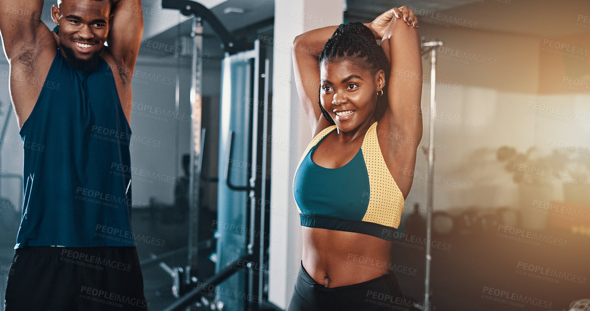 Buy stock photo Workout, warm up and stretching with personal trainer, class and gym for training or fitness routine. Coaching, goals and exercise with sports people group in health club together for muscle target