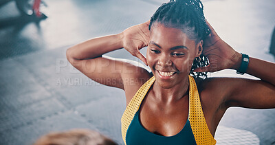 Buy stock photo Smile, fitness and sit ups with black woman in gym for training, bodybuilder and health challenge. Exercise, wellness and performance with person in sports club for workout, strong and cardio