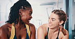 Fitness, conversation and girl friends in gym for morning workout with wellness, health and training. Happy, talking and women athletes with exercise plan together for weight loss in sports center.
