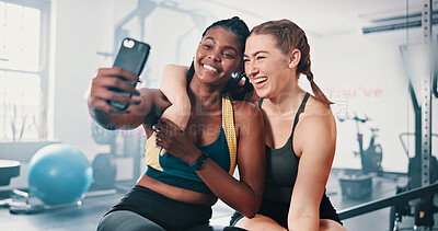 Buy stock photo Happy, friends and women in gym selfie with partnership, bonding and team workout together. Photography, athlete and personal trainer at sports club for exercise, fitness influencer and social media