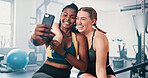 Fitness, friends and women in gym selfie with partnership, bonding and team workout together. Photography, athlete and personal trainer at sports club for exercise, happy influencer and social media