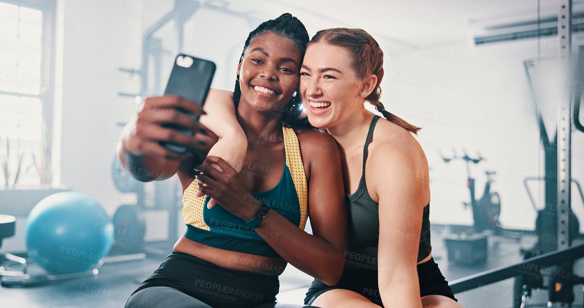 Buy stock photo Fitness, friends and women in gym selfie with partnership, bonding and team workout together. Photography, athlete and personal trainer at sports club for exercise, happy influencer and social media