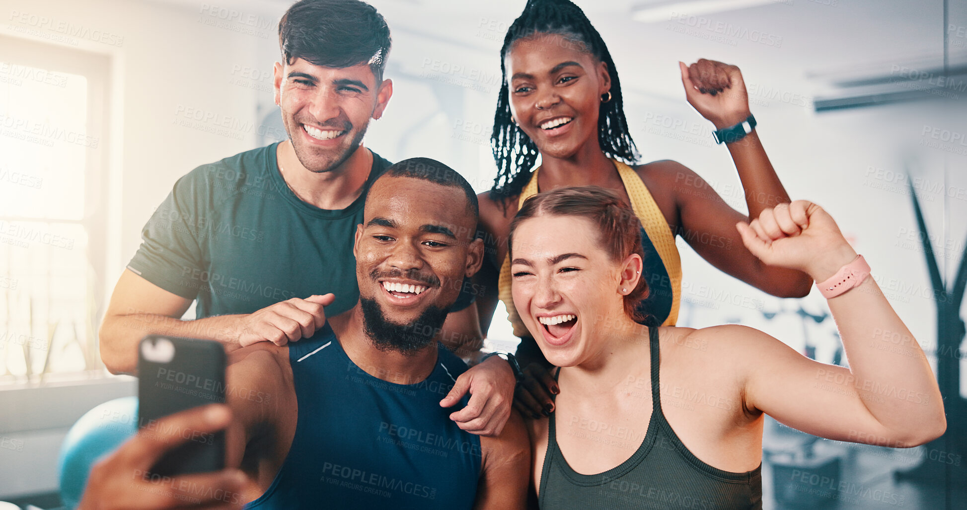 Buy stock photo Fitness, selfie and group of friends in gym with smile, support and excited team workout together. Men, women and happy photography at sports club for exercise energy, fist pump or diversity in class