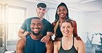 Exercise, portrait and group of friends in gym with smile, support and team workout together. Men, women and happy personal trainer at sports club for fitness, body building and diversity in class
