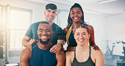 Buy stock photo Exercise, portrait and group of friends in gym with smile, support and team workout together. Men, women and happy personal trainer at sports club for fitness, body building and diversity in class