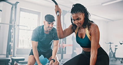 Buy stock photo Gym, coaching and fitness with people and battle rope for training, workout and bodybuilder. Personal trainer, motivation and exercise with man and woman in sports club for strong, health and cardio
