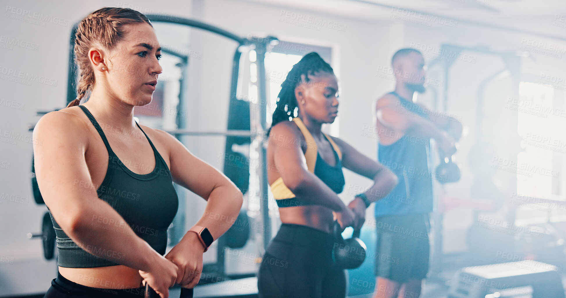 Buy stock photo Fitness, exercise and kettlebell with personal trainer, class and gym for training or workout routine. Weightlifting, goals and target with group of sports people in health club together for muscle