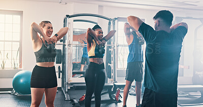 Buy stock photo Gym, exercise and kettlebell with personal trainer, class and workout for training or fitness routine. Weightlifting, goals and target with group of sports people in health club together for muscle