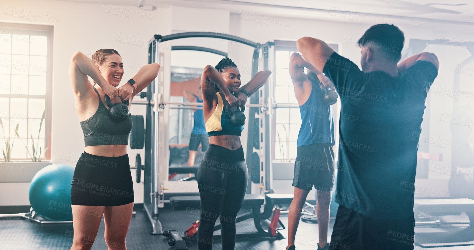 Buy stock photo Gym, exercise and kettlebell with personal trainer, class and workout for training or fitness routine. Weightlifting, goals and target with group of sports people in health club together for muscle