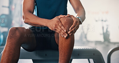 Buy stock photo Gym, knee pain and man with fitness, leg injury and athlete with orthopedic issue or fibromyalgia emergency. Person, muscle tension or medical arthritis in joint with training or health club workout