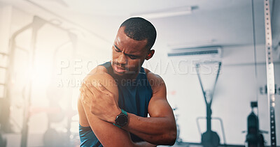 Buy stock photo Gym, shoulder pain and African man with fitness, injury and athlete with orthopedic issue or fibromyalgia emergency. Person, muscle tension or medical arthritis with training or health club workout