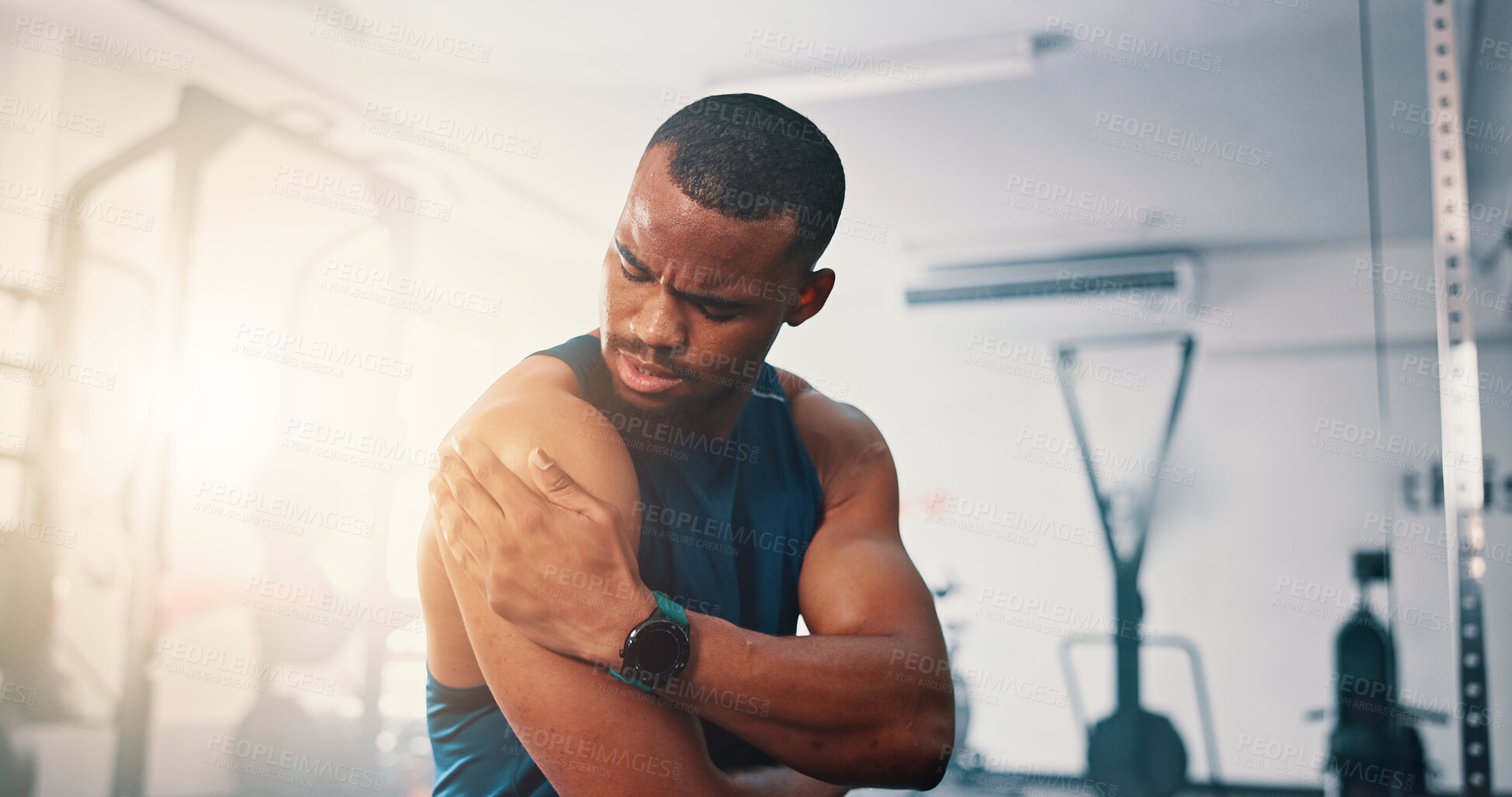 Buy stock photo Gym, shoulder pain and African man with fitness, injury and athlete with orthopedic issue or fibromyalgia emergency. Person, muscle tension or medical arthritis with training or health club workout