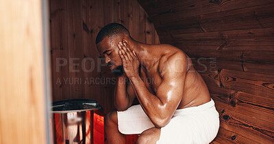 Buy stock photo Sauna, fitness and sweating with black man in gym for muscle recovery, post workout and health in sports center. Detox therapy, athlete cramp prevention and wellness with person in steam room