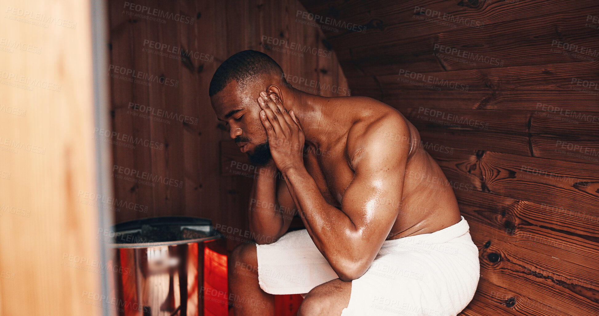 Buy stock photo Sauna, fitness and sweating with black man in gym for muscle recovery, post workout and health in sports center. Detox therapy, athlete cramp prevention and wellness with person in steam room