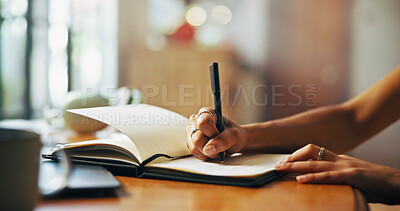 Buy stock photo Home, writer and hands with notebook for writing, schedule or daily reflection for wellness. Closeup, person and student with journal for assessment reminder, to do list or thoughts for mental health