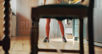 Buy stock photo Dancing, fashion and legs of woman in kitchen for casual, energy step and celebration. Shoes, footwear style and dancer with feet of person and floor at home for trendy, chic and entertainment