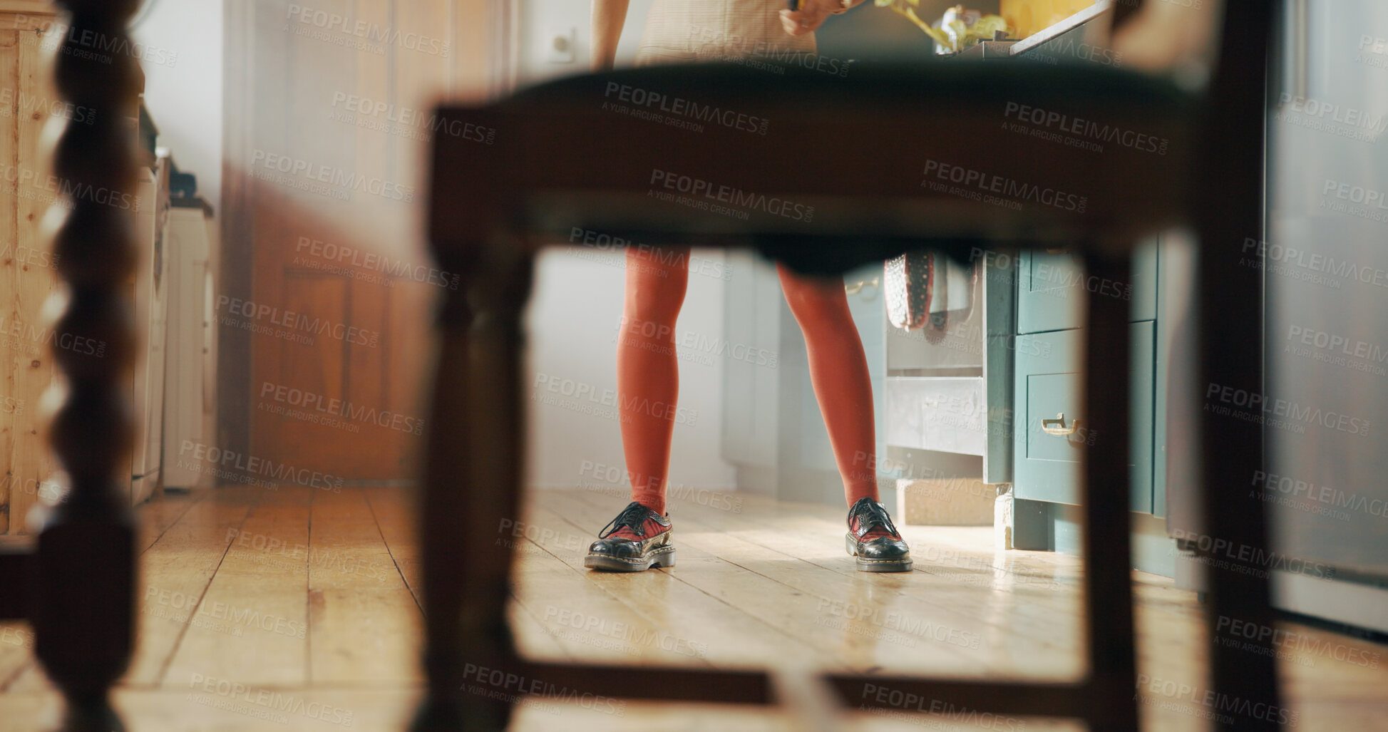 Buy stock photo Dancing, fashion and legs of woman in kitchen for casual, energy step and celebration. Shoes, footwear style and dancer with feet of person and floor at home for trendy, chic and entertainment