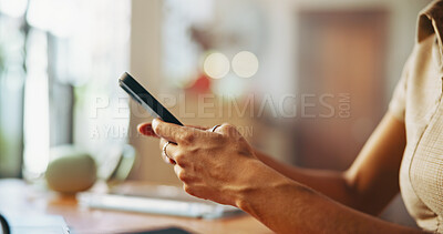 Buy stock photo Typing, cellphone and hands of person in home for social media, internet and online networking on website. Closeup, relax and woman with phone for chatting, connection and communication on mobile app