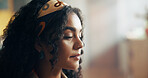 Morning, thinking and face of woman in home for wondering, daydreaming and reflection. Apartment, closeup and person with thoughtful, inspiration and planning for wellness, peace and calm on weekend